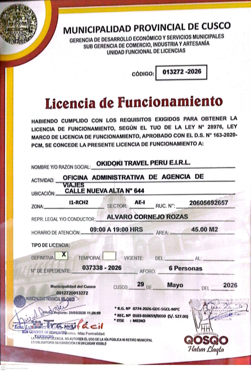 LICENSES AND AUTHORIZATIONS Cusco Okidoki Travel Peru - Toour operator